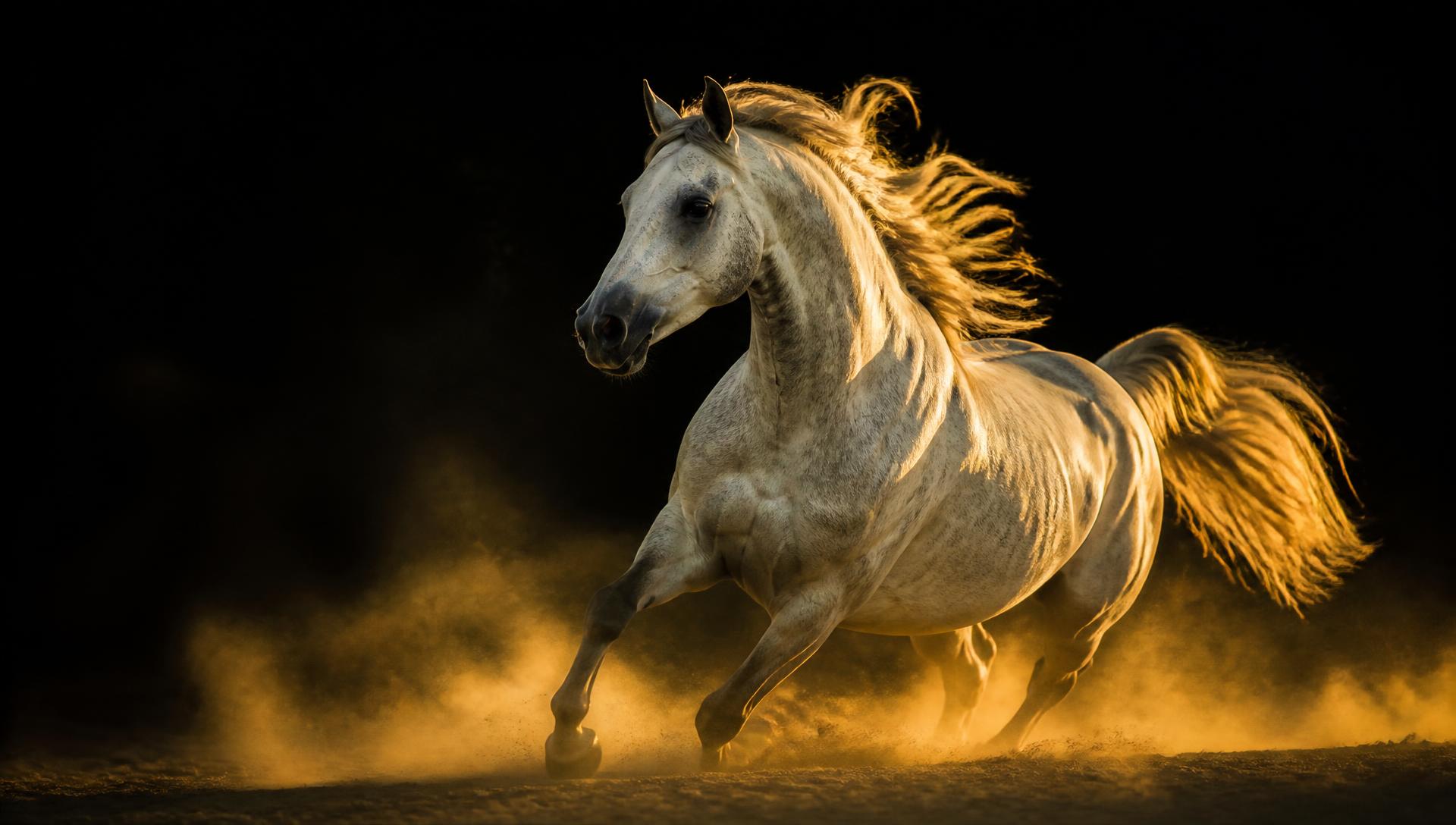 Grey Arabian horse galloping through golden dust at sunset