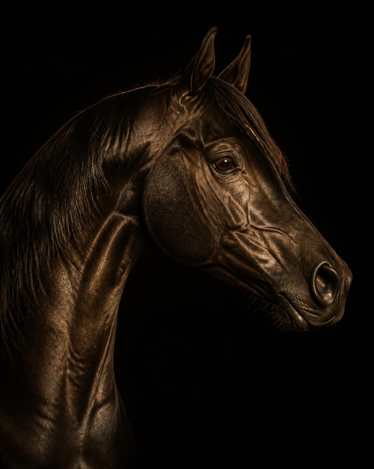 Fine-art portrait of a dark Arabian horse lit in warm gold