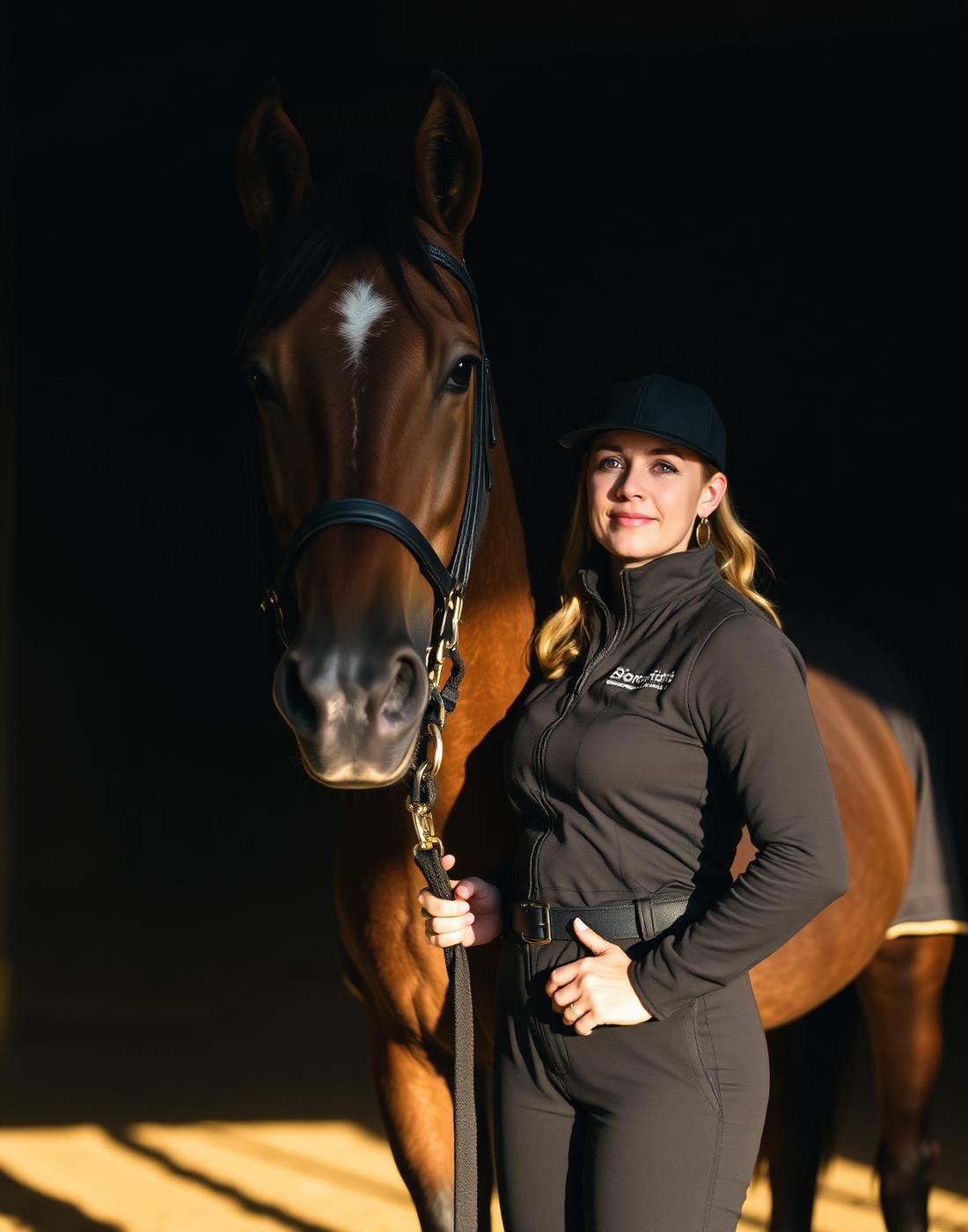Al Nawasi riding instructor standing beside a bay horse in the stable
