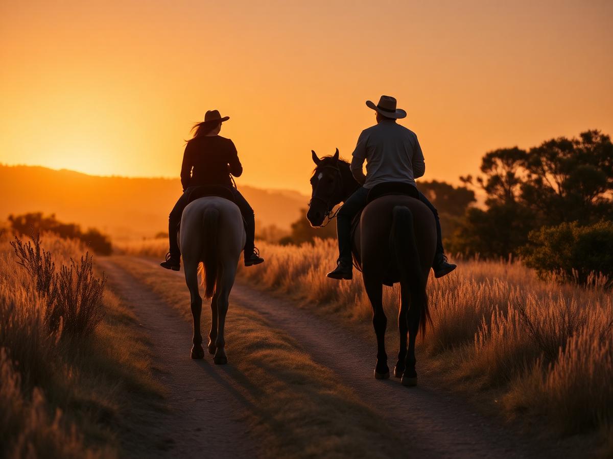Two riders on a countryside trail at sunset